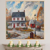 Winter Farmhouse – Cozy Snow-Covered Country Home with Red Barn and Horse Wall Art Print on Ready to Hang 1.5" Thick Canvas Wrap, Floating Framed Canvas, Flat Rolled Canvas